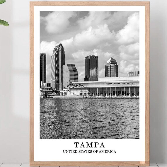 Tampa Florida Waterfront Skyline Convention Center Black And White Poster