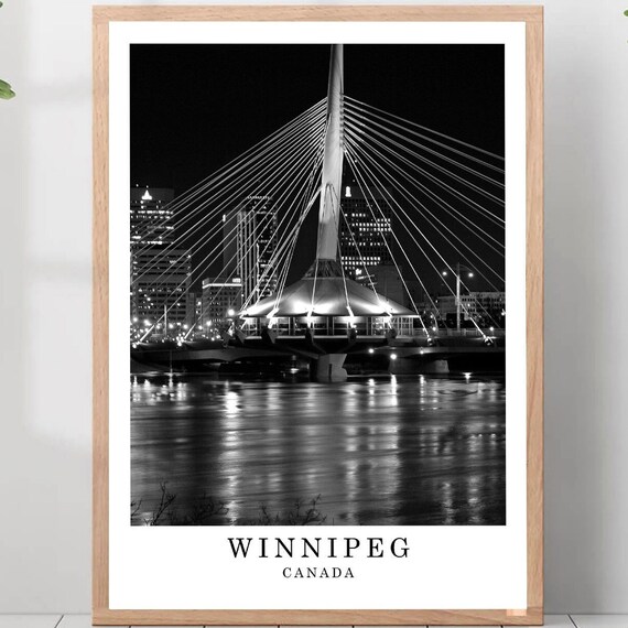 Winnipeg Provencher Bridge Night Lights Canada Black White Poster