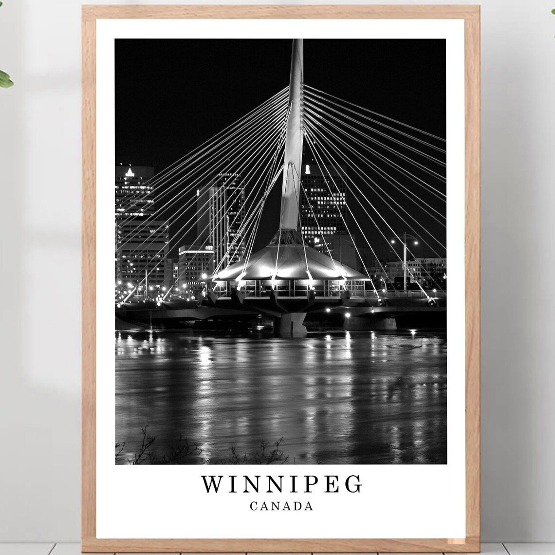 Winnipeg Provencher Bridge Night Lights Canada Black White Poster