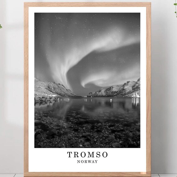 Tromso Northern Lights Over Snowy Fjord Norway Travel Poster