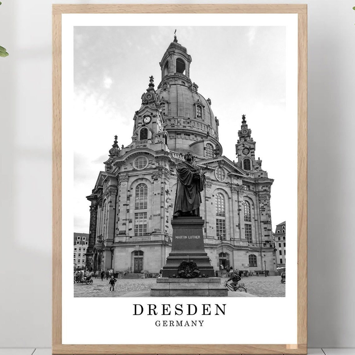 Dresden Frauenkirche and Martin Luther Statue Black White Poster