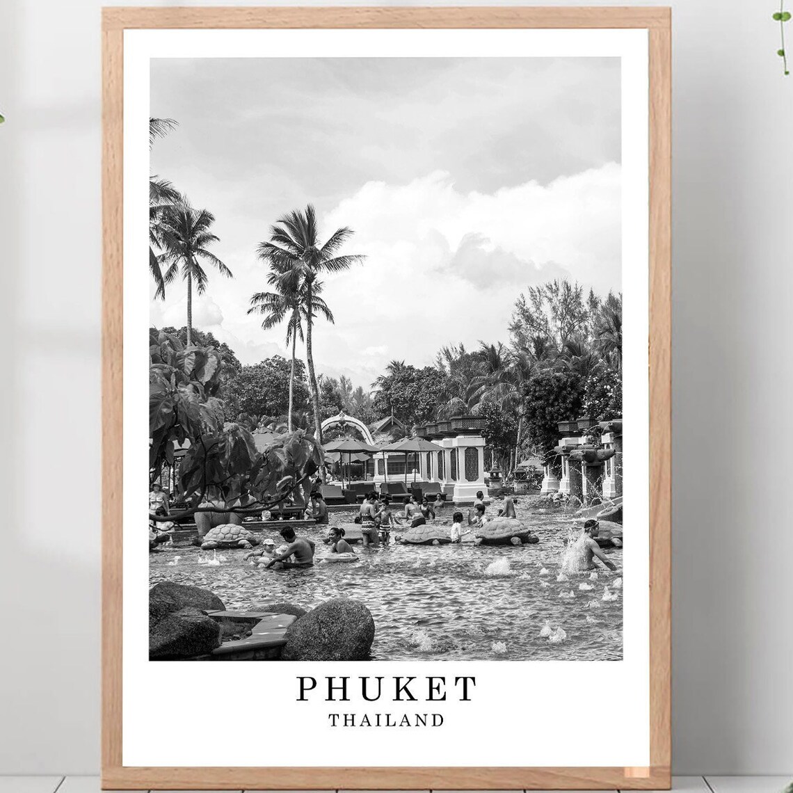 Phuket Thailand Tropical Resort Lagoon Pool Black White Travel Poster