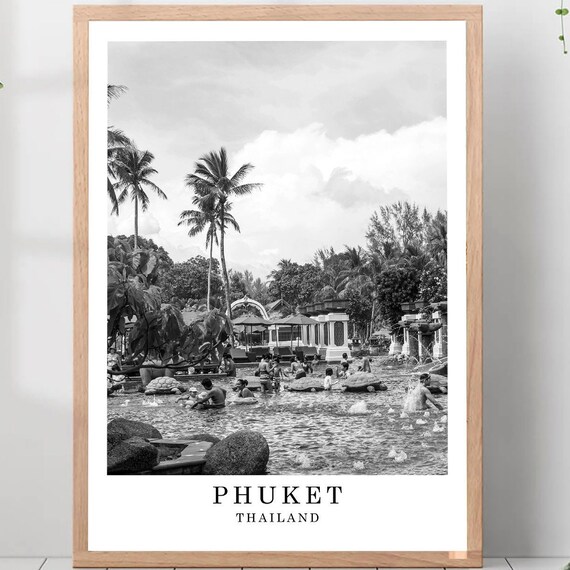 Phuket Thailand Tropical Resort Lagoon Pool Black White Travel Poster