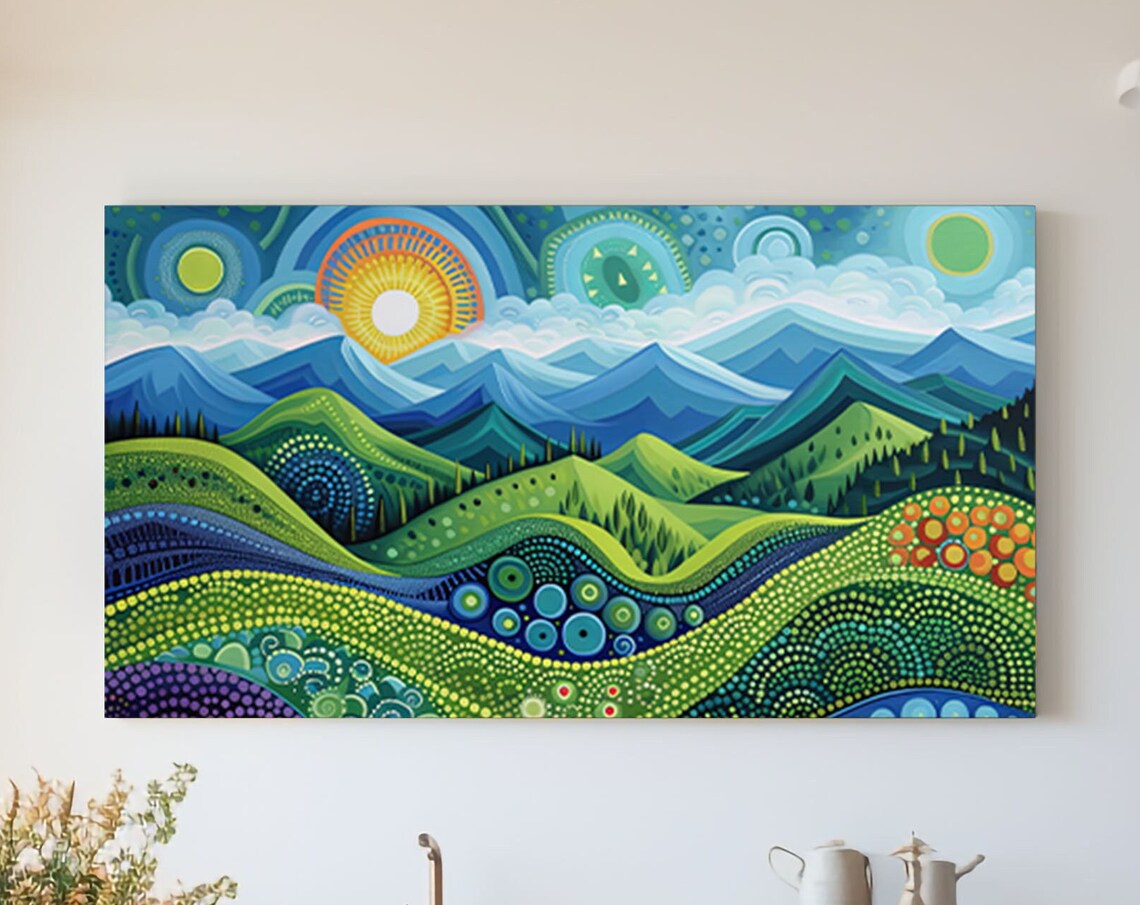 Vibrant Green Mountain Sunrise Dotted Hills Landscape Poster