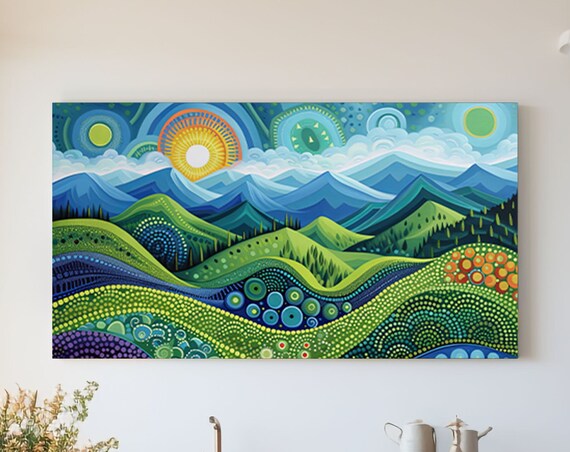 Vibrant Green Mountain Sunrise Dotted Hills Landscape Poster