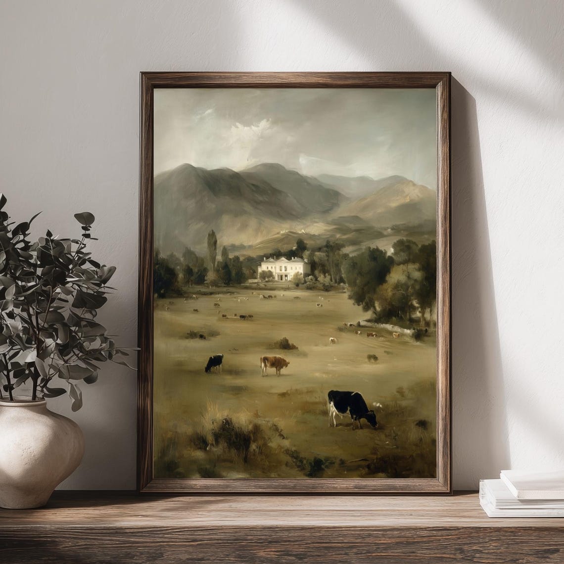 Rustic Countryside Landscape Poster Cows Pasture Manor Mountains