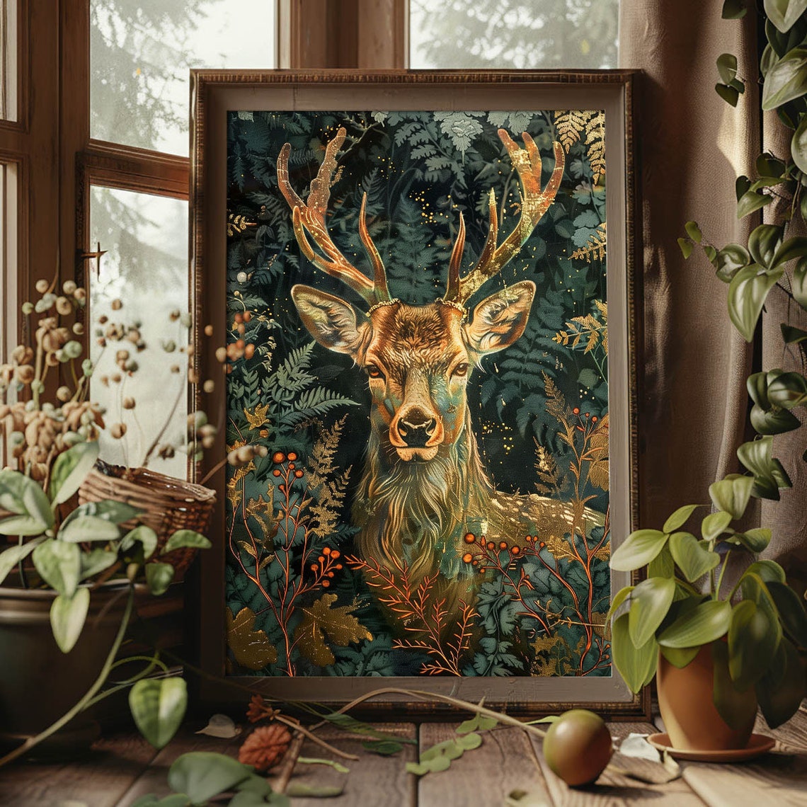 Proud Deer Golden Antlers Midnight Forest Botanical Art Poster - Image 3