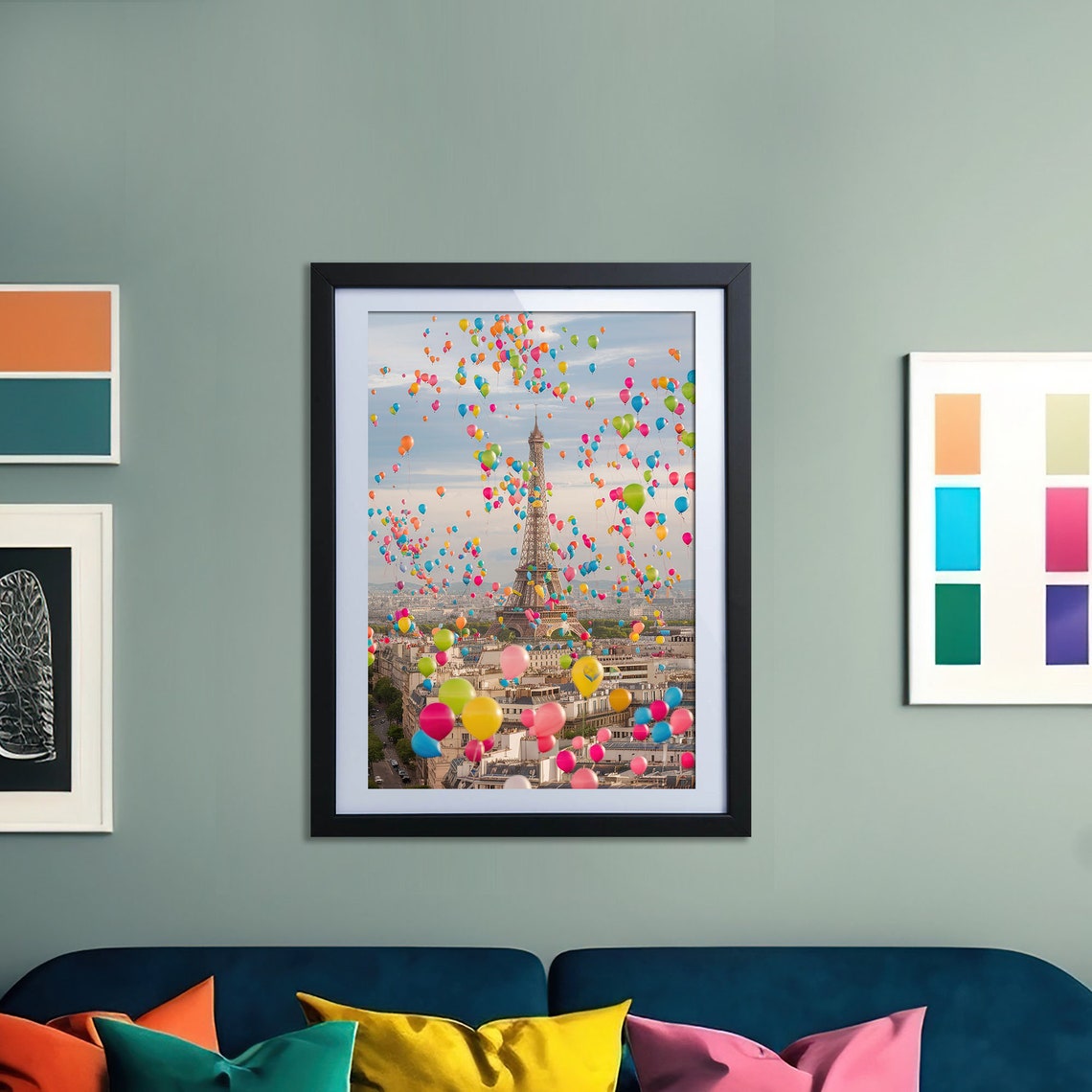 Eiffel Tower Paris Hundreds Of Colorful Balloons Sky Photo Poster - Image 3