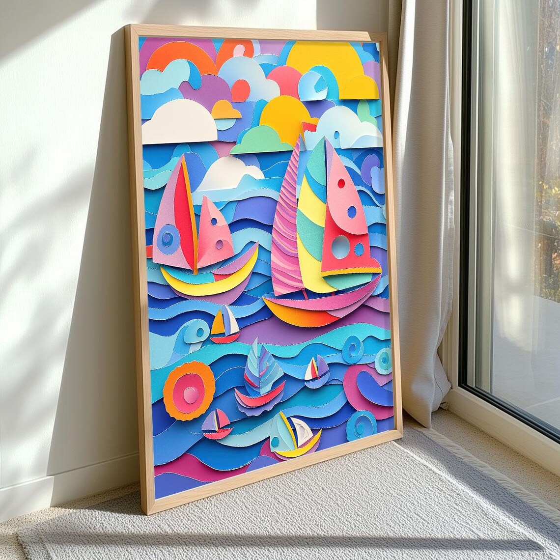 Playful Paper Cut Sailboats Layered Ocean Kids Room Wall Art - Image 3