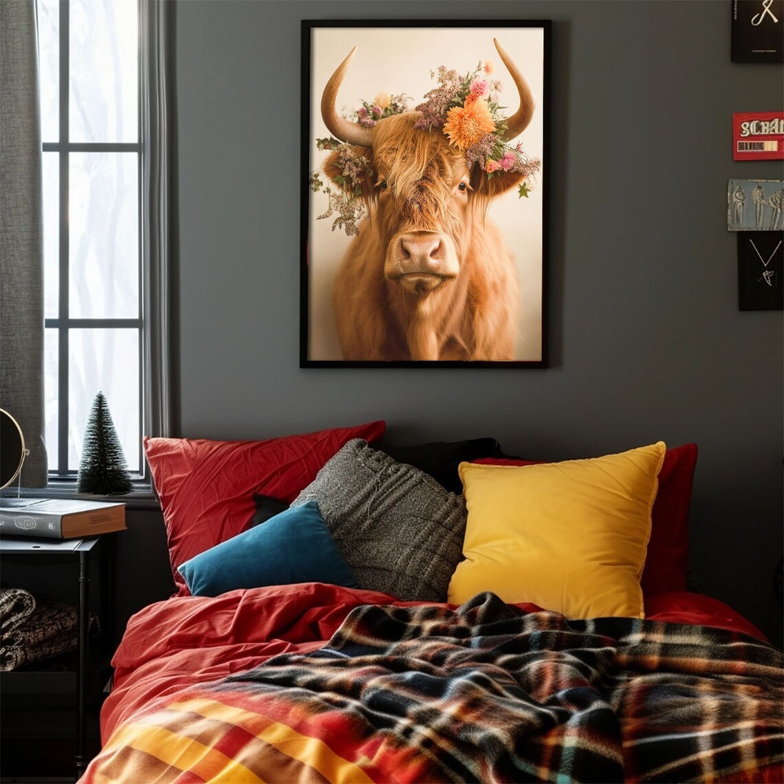 Highland Cow Flower Crown Portrait Warm Rustic Farmhouse Poster - Image 3