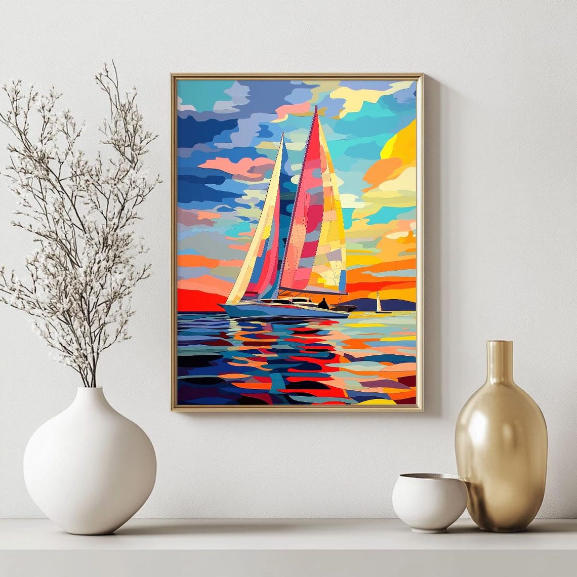 Vivid Colorful Sailboat Sunset Ocean Abstract Sailing Wall Art - Image 2