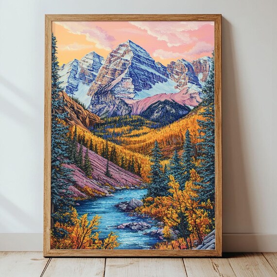 Mountain And River Modern Wall Art Poster Print For Home Decor Vibrant Living Room Artwork Trendy And Modern