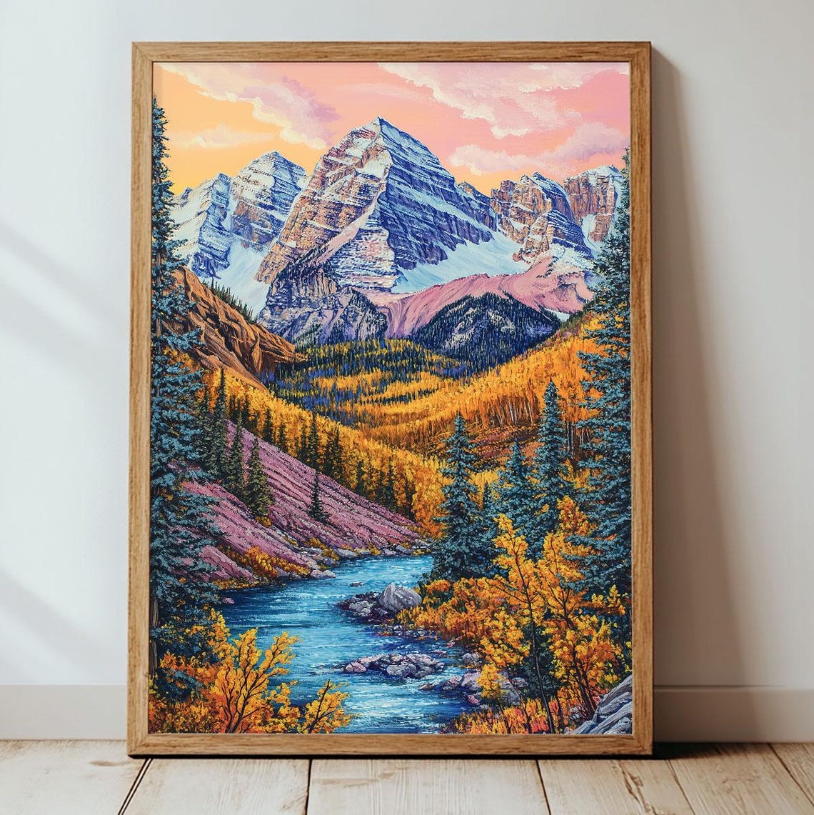 Snow Capped Mountain Peaks Over Autumn Valley River Scenic Art Poster