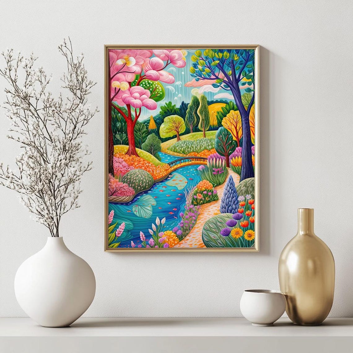 Whimsical Storybook Garden Stream Bridge Colorful Nature Wall Art - Image 2