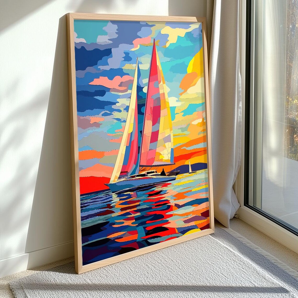 Vivid Colorful Sailboat Sunset Ocean Abstract Sailing Wall Art - Image 3