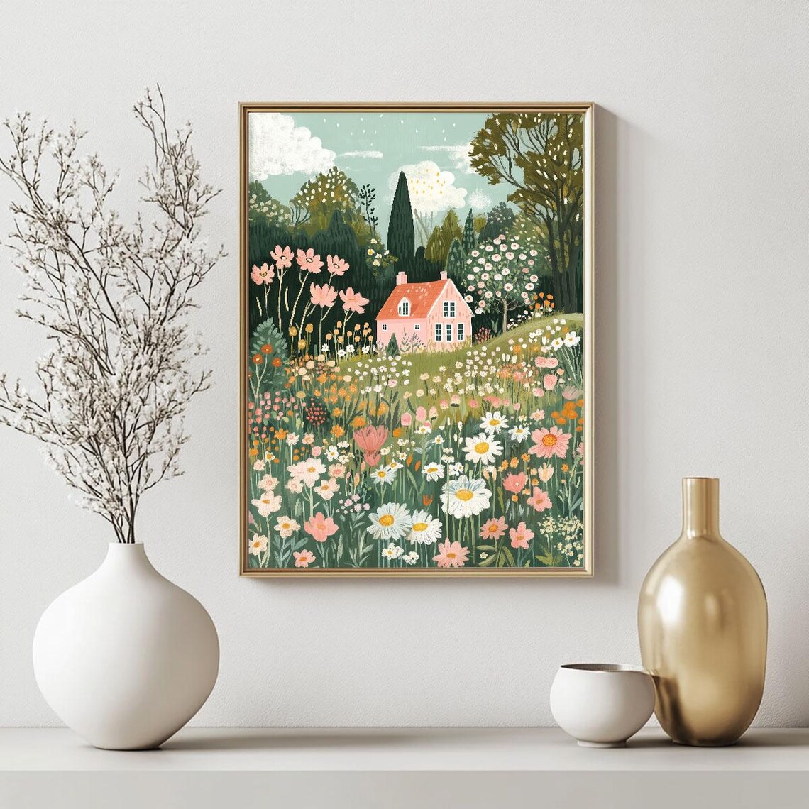 Pink Cottage In Wildflower Meadow Whimsical Storybook Home Art Poster - Image 3