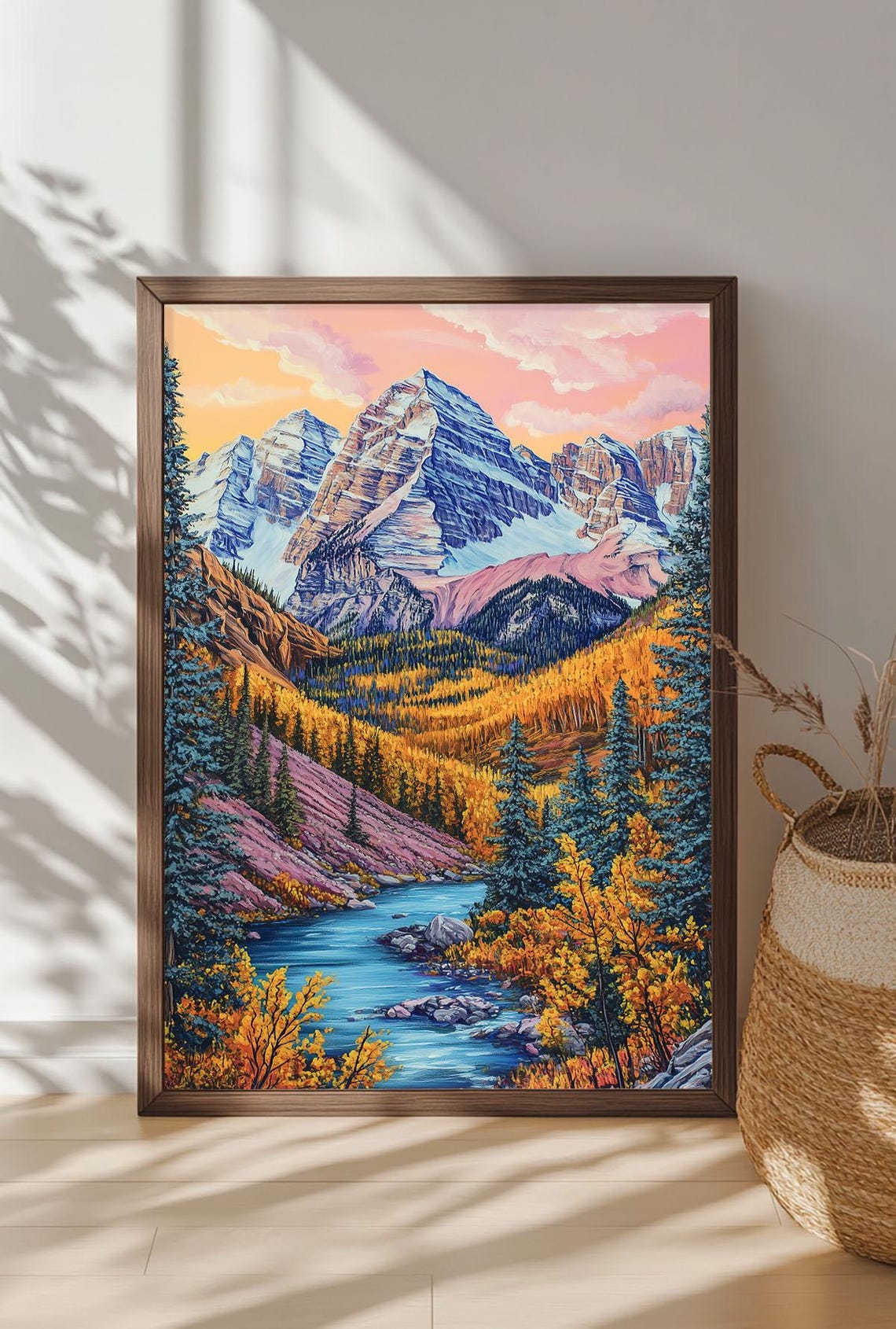 Snow Capped Mountain Peaks Over Autumn Valley River Scenic Art Poster - Image 3