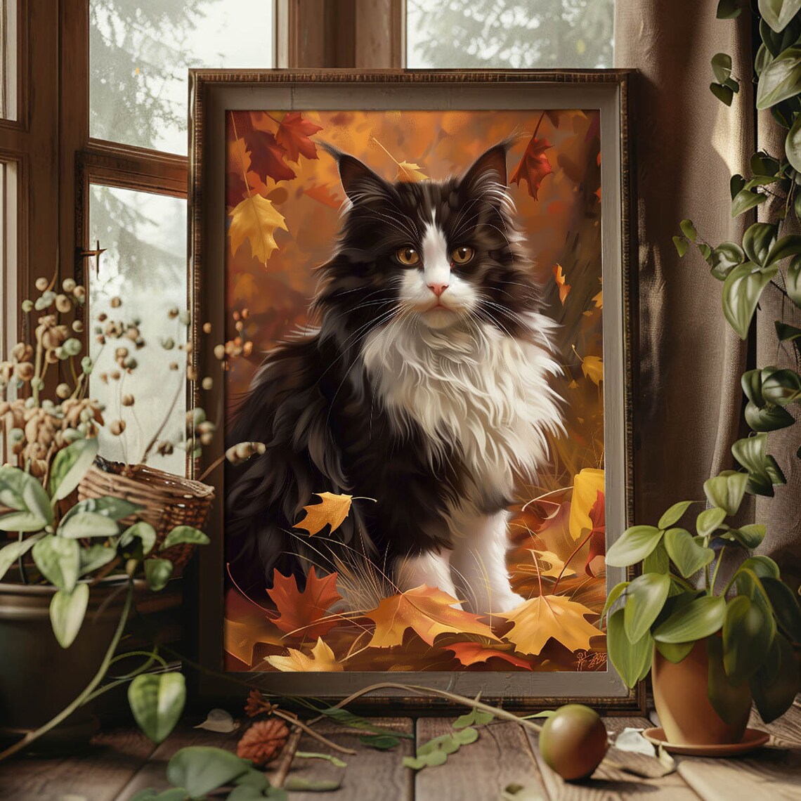 Black And White Longhaired Cat In Autumn Leaves Fall Season Art Poster - Image 3