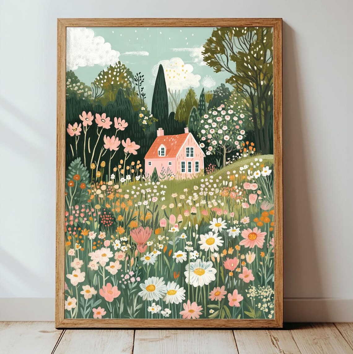 Pink Cottage In Wildflower Meadow Whimsical Storybook Home Art Poster