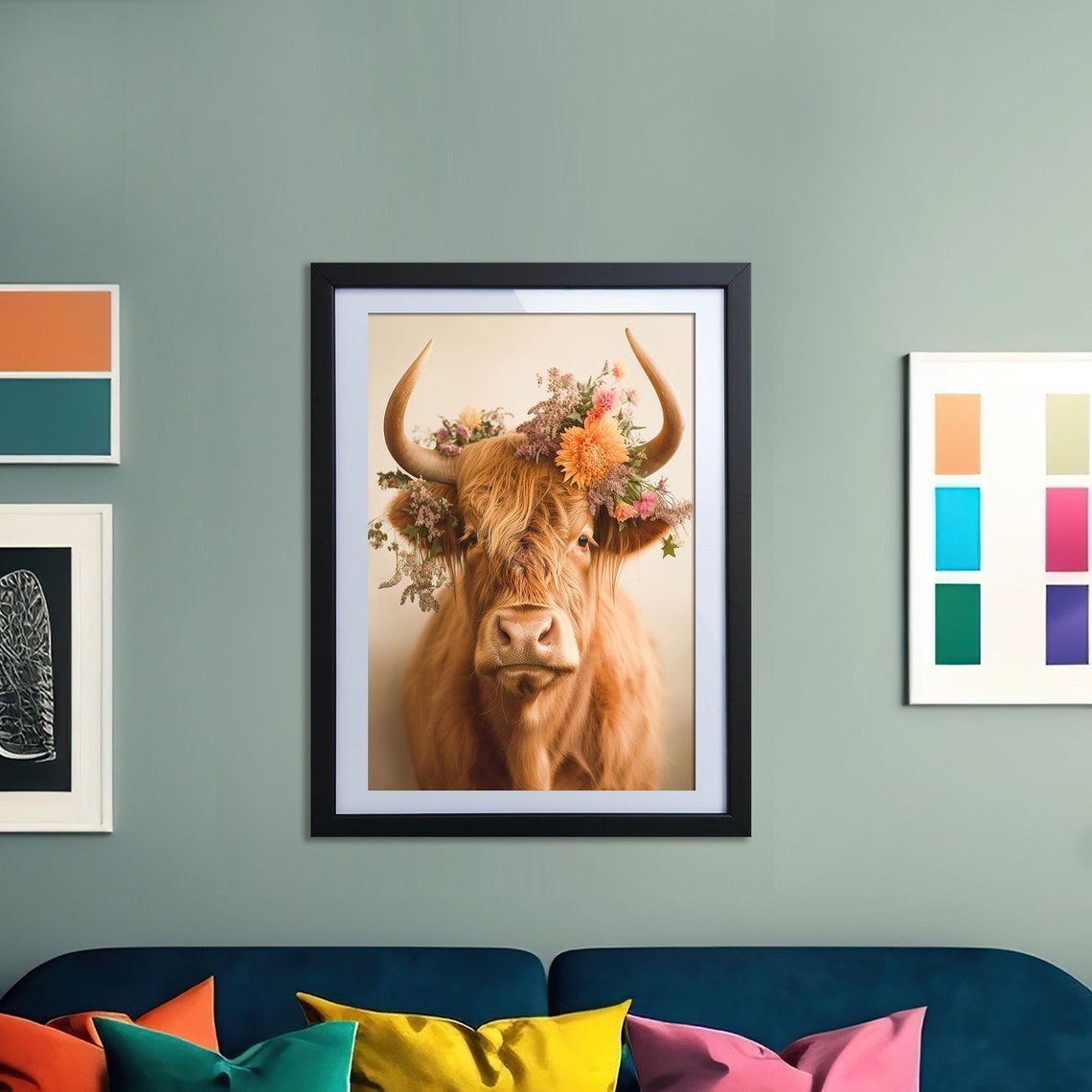 Highland Cow Flower Crown Portrait Warm Rustic Farmhouse Poster - Image 2