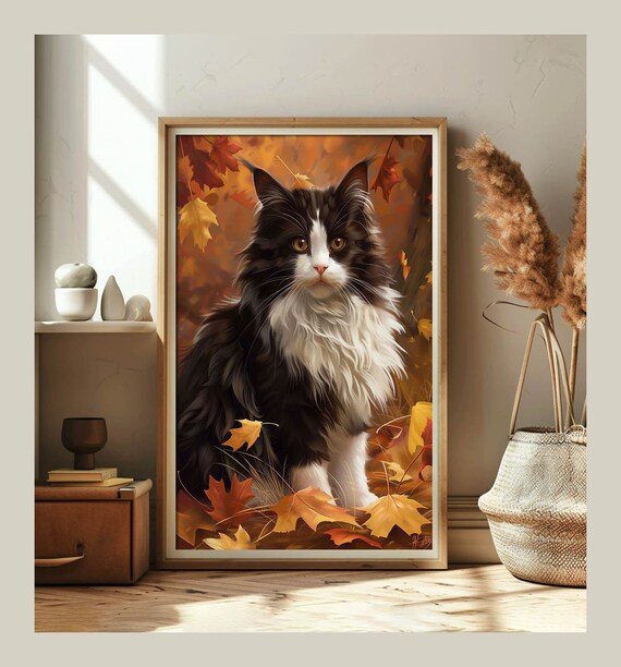 Black And White Longhaired Cat In Autumn Leaves Fall Season Art Poster