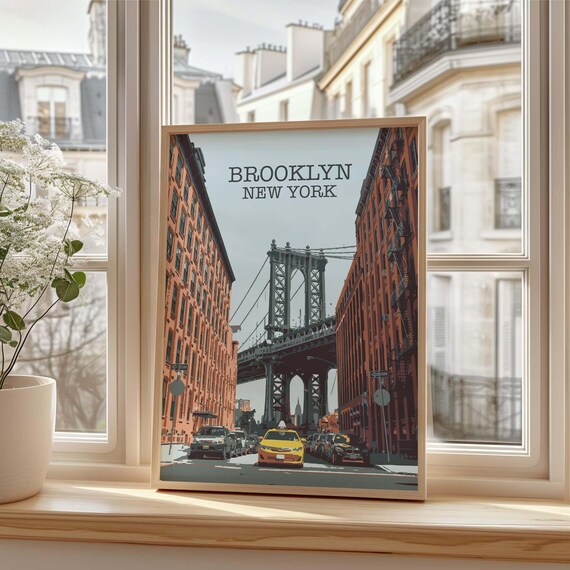 Brooklyn New York Manhattan Bridge Retro Dumbo Taxi Street Poster