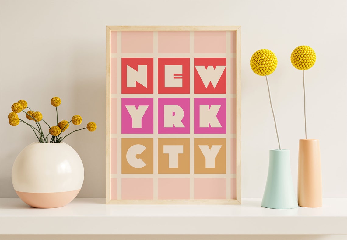 New York City Colorful Typography Letter Grid Retro Art Poster