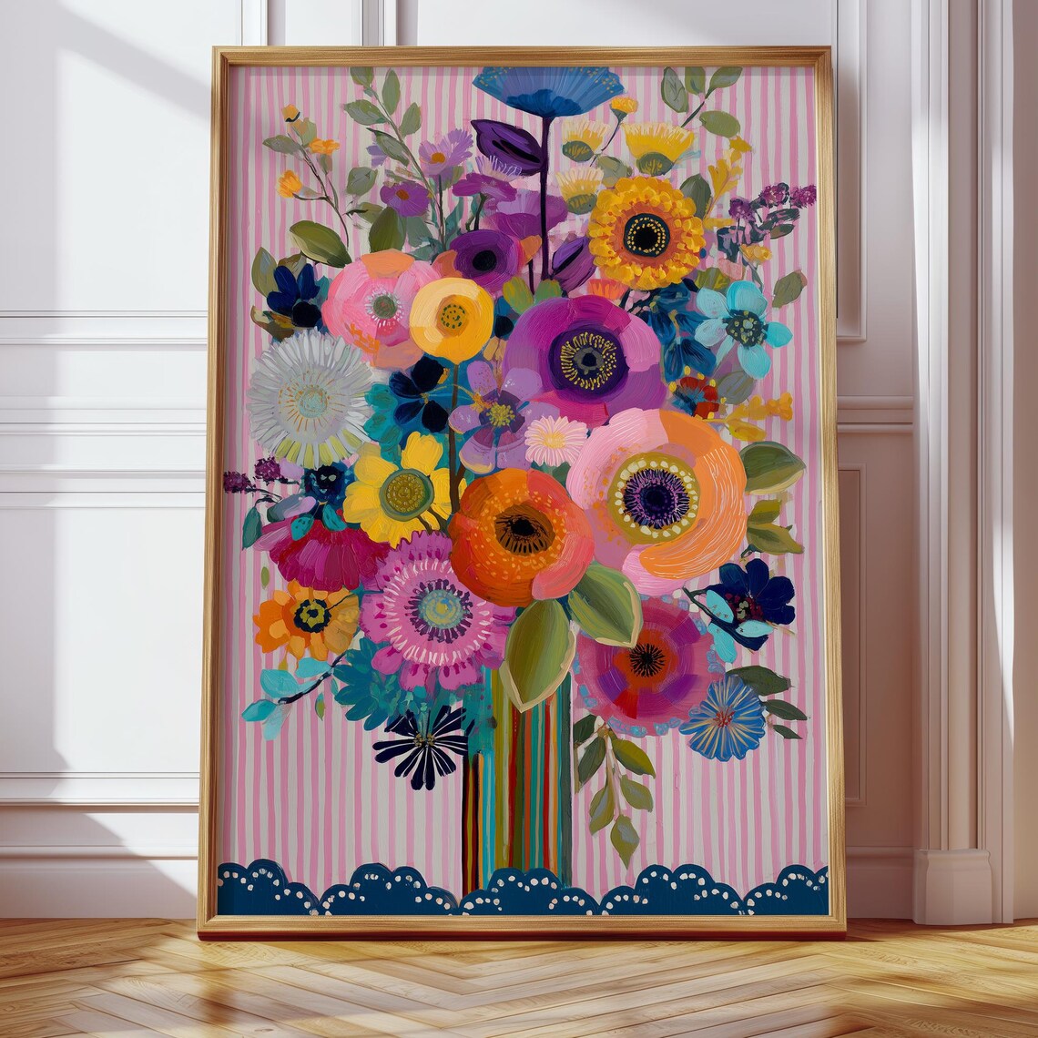 Vibrant Wildflower Bouquet Pink Striped Boho Floral Art Poster
