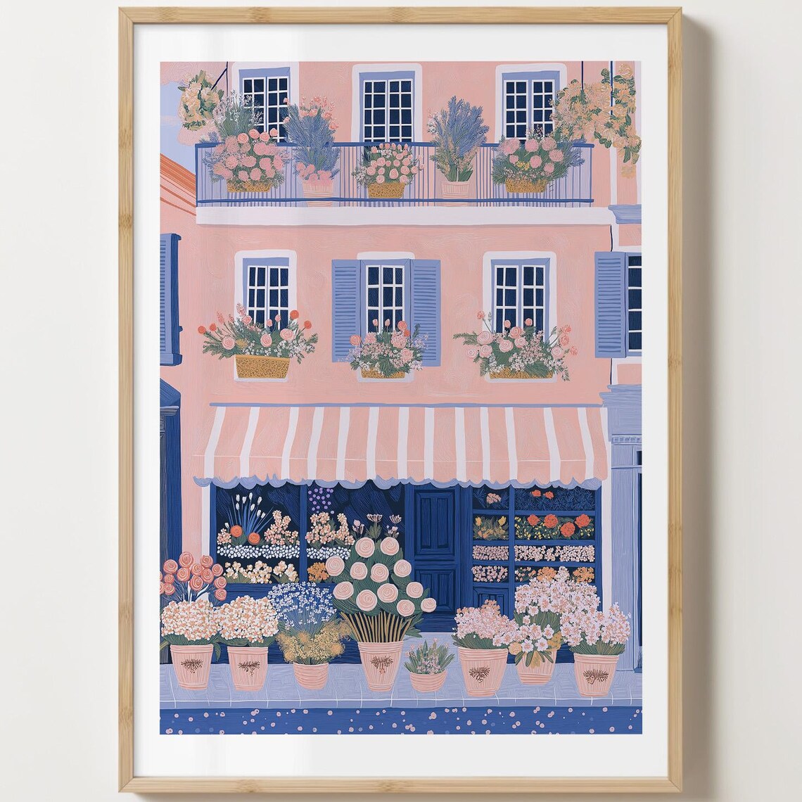 Flower Shop with Balcony Window Boxes of Roses Floral Art Poster
