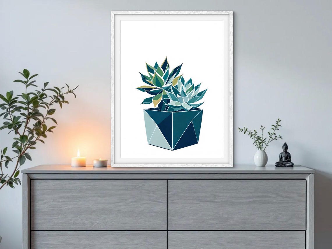 Geometric Succulent Potted Plant Blue Pot Modern Botanical Poster