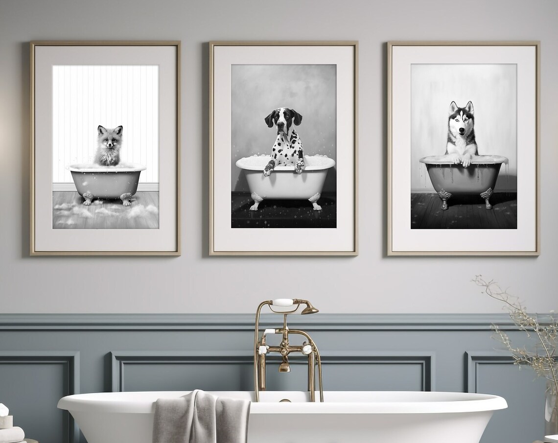 Set of 3 Black White Fox Dalmatian Husky Bathtub Bathroom Poster