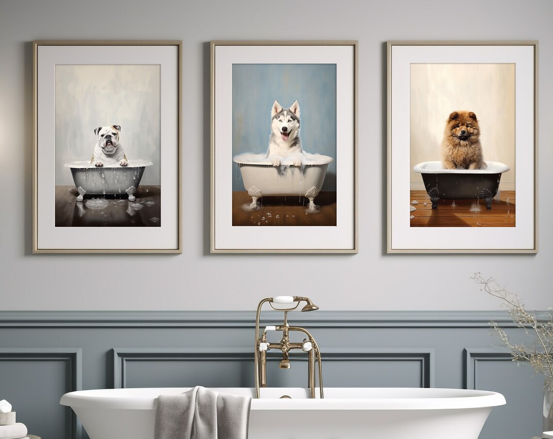Set of 3 Dogs in Bathtubs Colorful Funny Dog Bathroom Poster