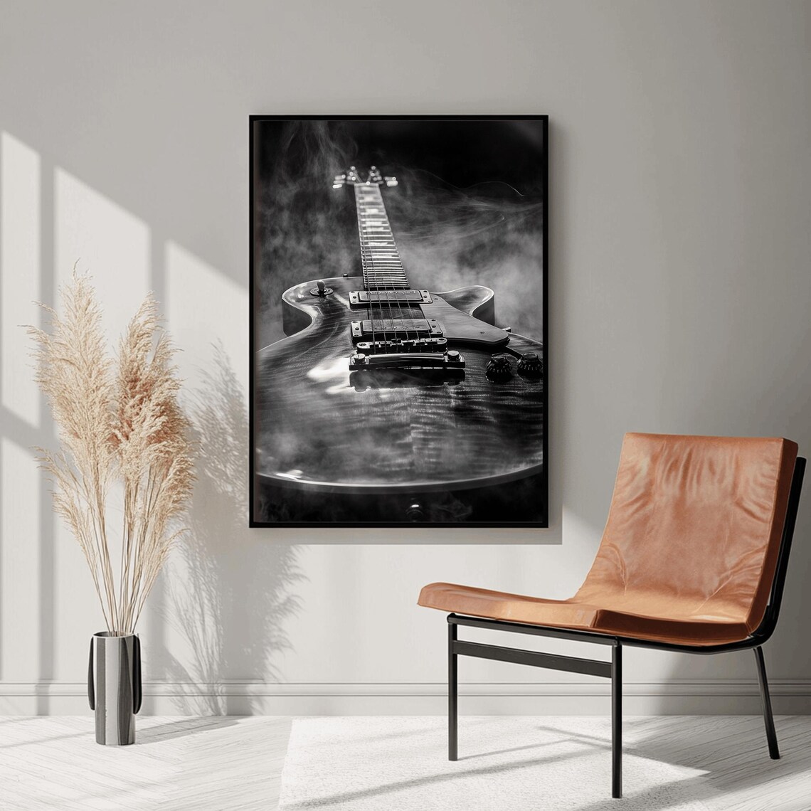Electric Guitar Rising Through Smoke Black White Music Poster - Image 3