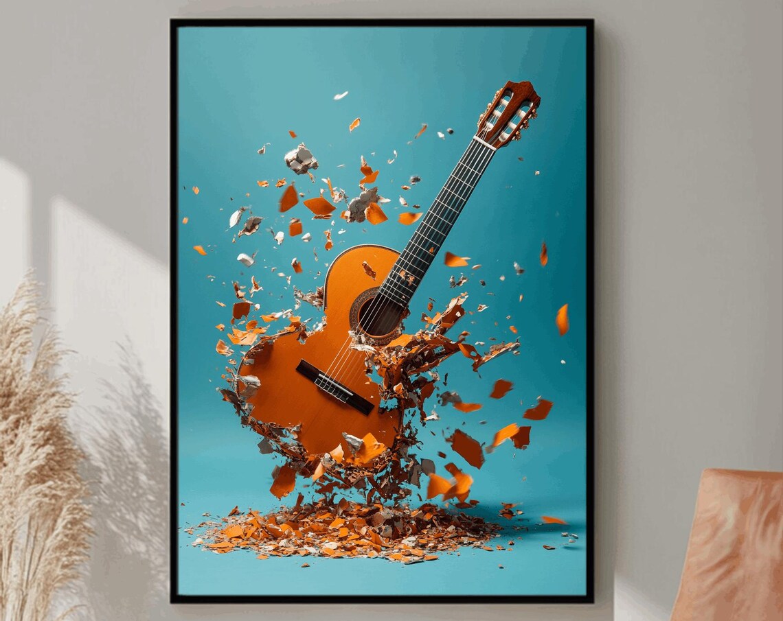 Acoustic Guitar Shattering Into Pieces Teal Explosion Music Poster