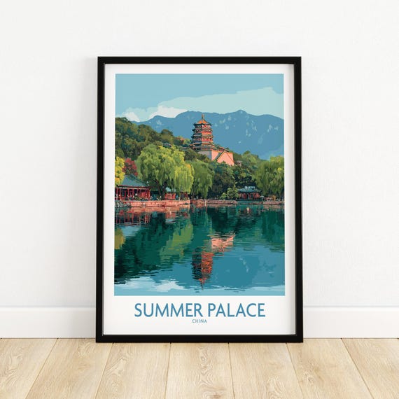 Summer Palace China Pagoda Reflection Print Historic Beijing Travel Decor Wall Art Gift Lovers Illustration