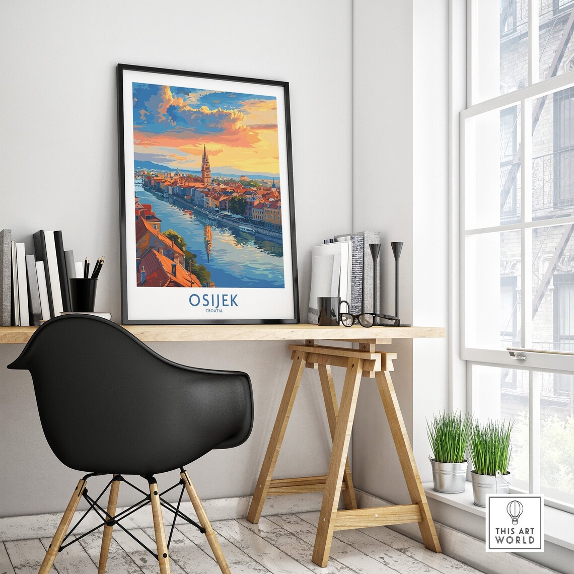 Osijek Croatia Sunset River Boats Church Tower Rooftops Travel Poster - Image 4