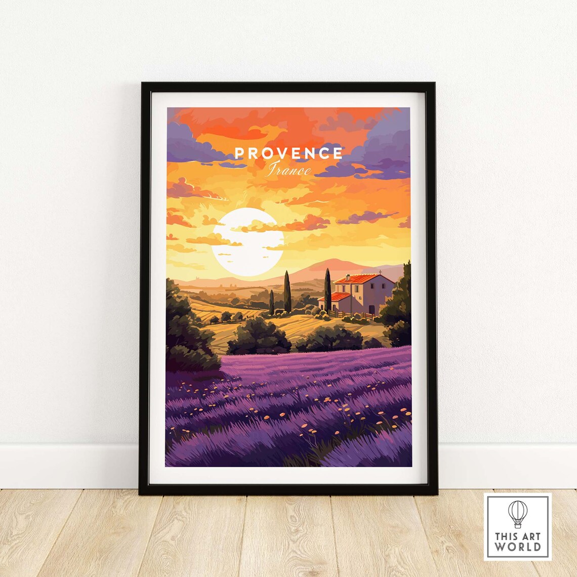 Provence France Lavender Field Farmhouse Sunset Travel Poster