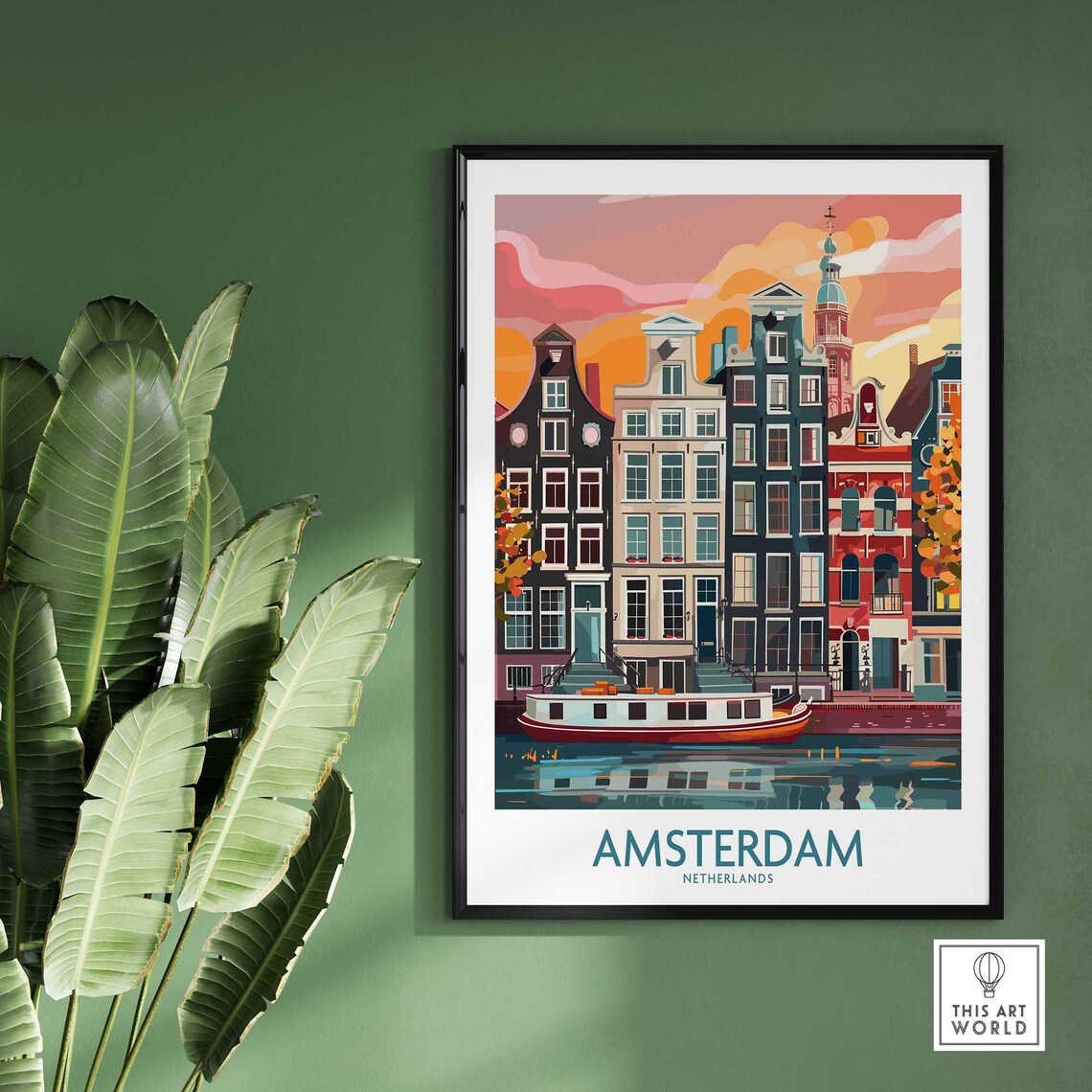 Amsterdam Netherlands Canal Houses Houseboat Sunset Travel Poster - Image 2