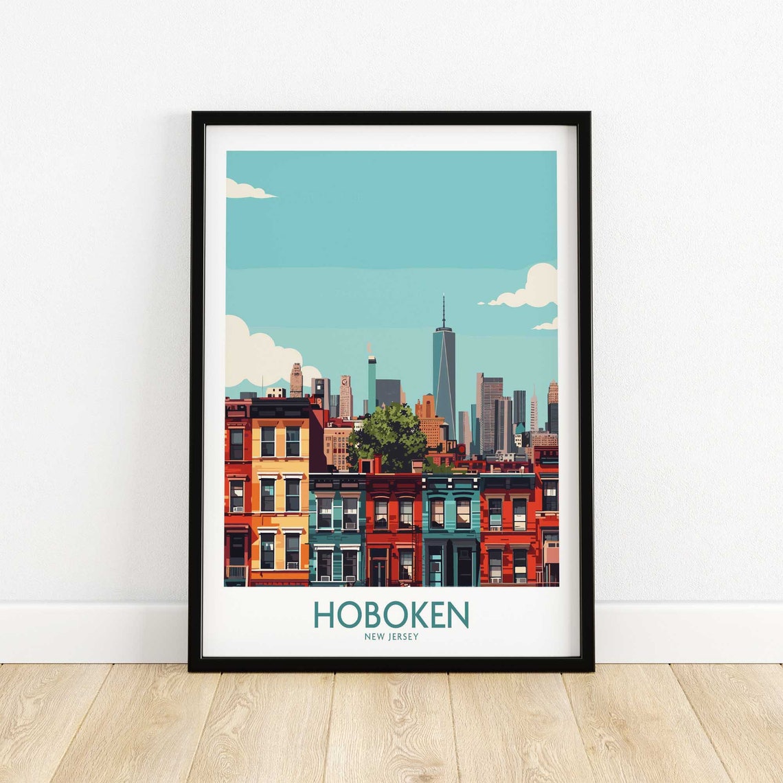 Hoboken New Jersey Brownstone Street Skyline Manhattan View Poster