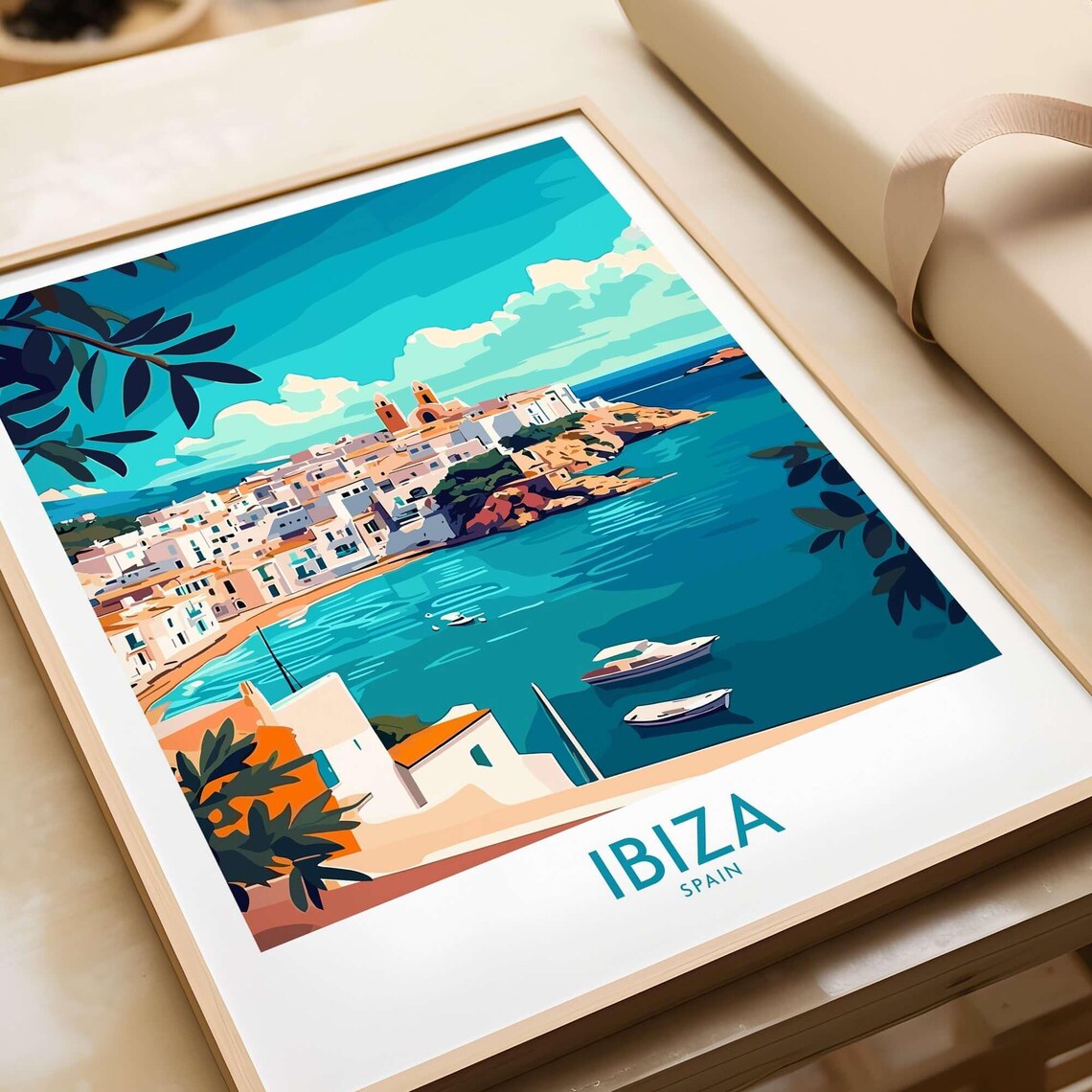 Balearic Ibiza Spain Whitewashed Town Sailboats Travel Poster