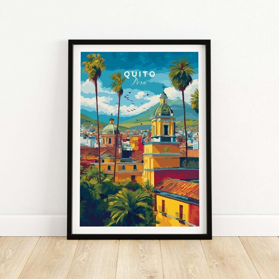 Quito Church Domes Palm Trees Colorful Vintage City Travel Poster