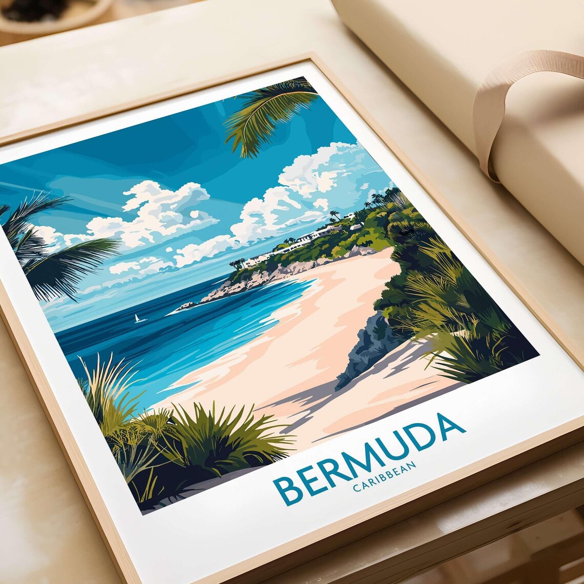Bermuda Caribbean Pink Sand Beach Palms Island Travel Poster
