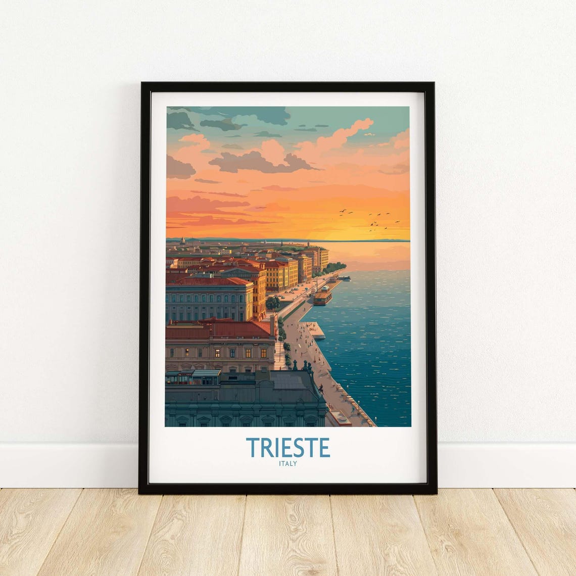 Trieste Italy Coastal Sunset Waterfront Aerial View Travel Poster