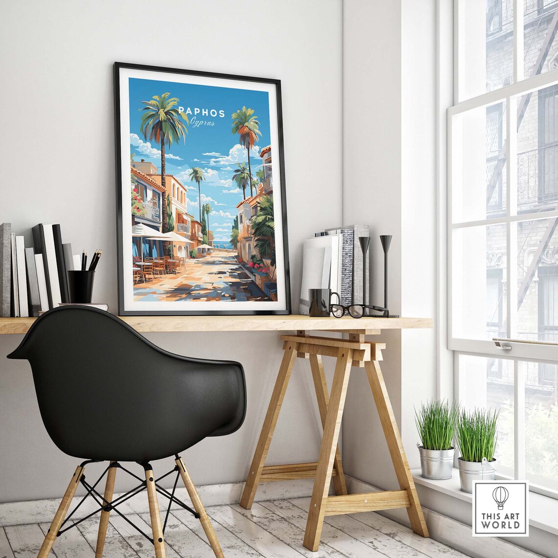 Paphos Cyprus Seaside Promenade Palm Trees Travel Art Poster - Image 4