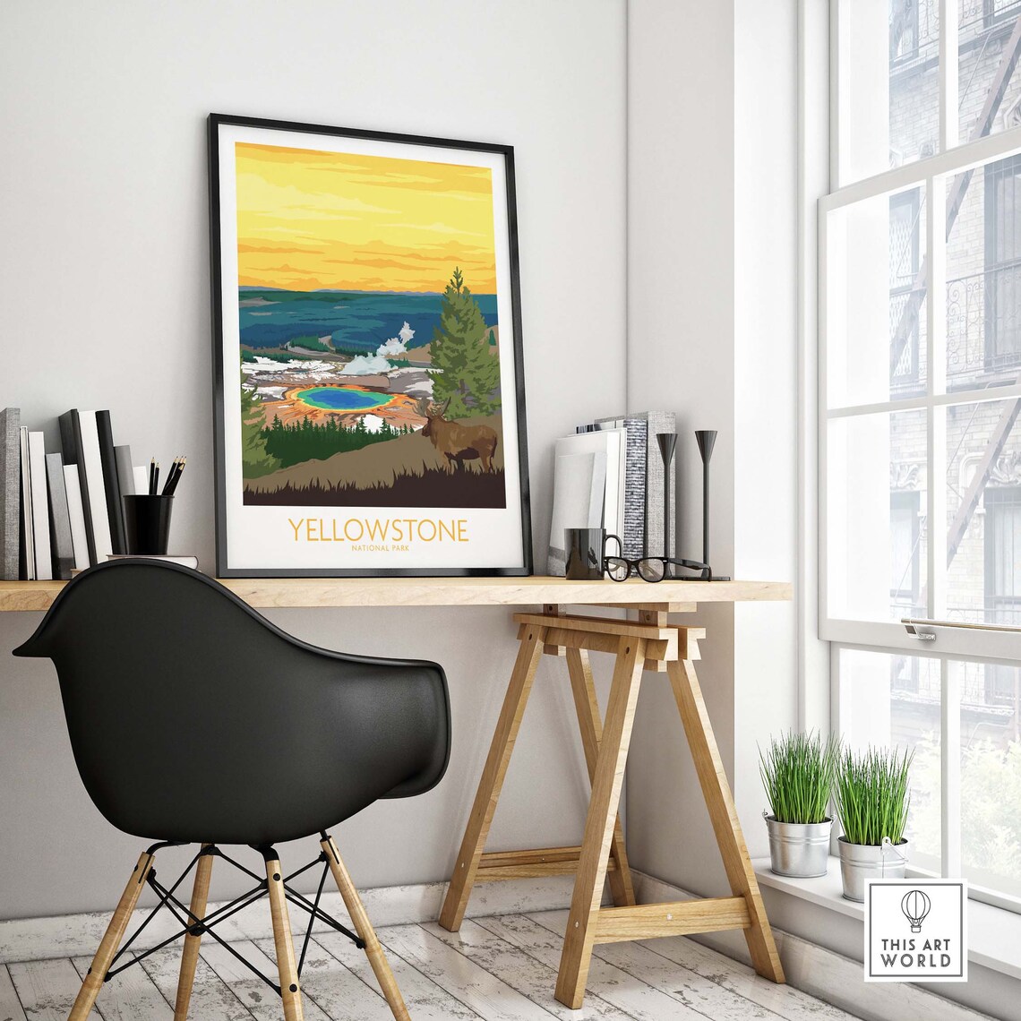 Yellowstone National Park Geyser Basin Elk Golden Sky Poster - Image 4