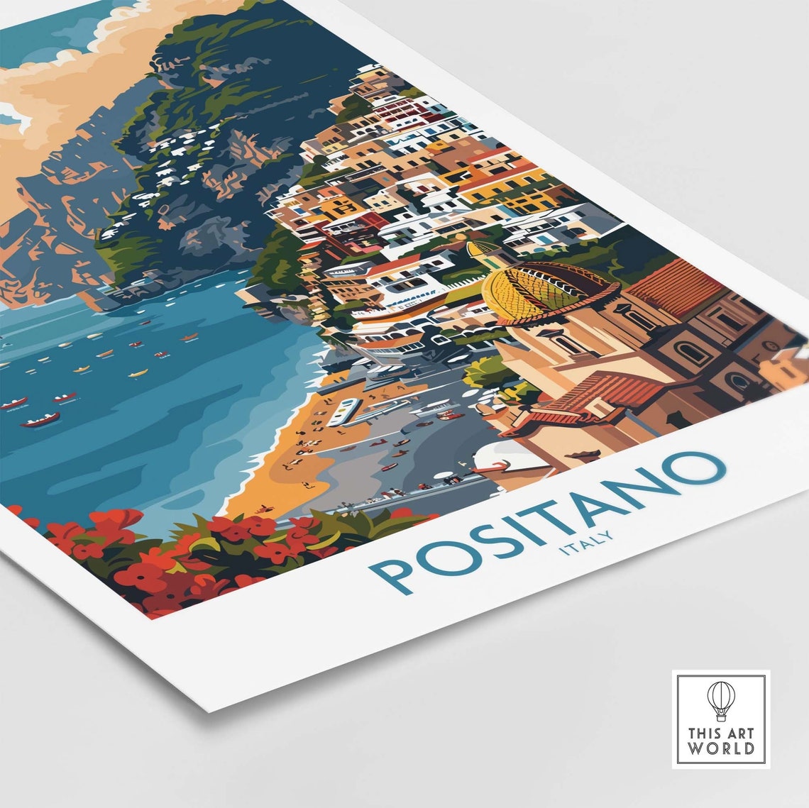 Positano Italy Beach Bay Tiled Dome Church Red Flowers Poster - Image 4