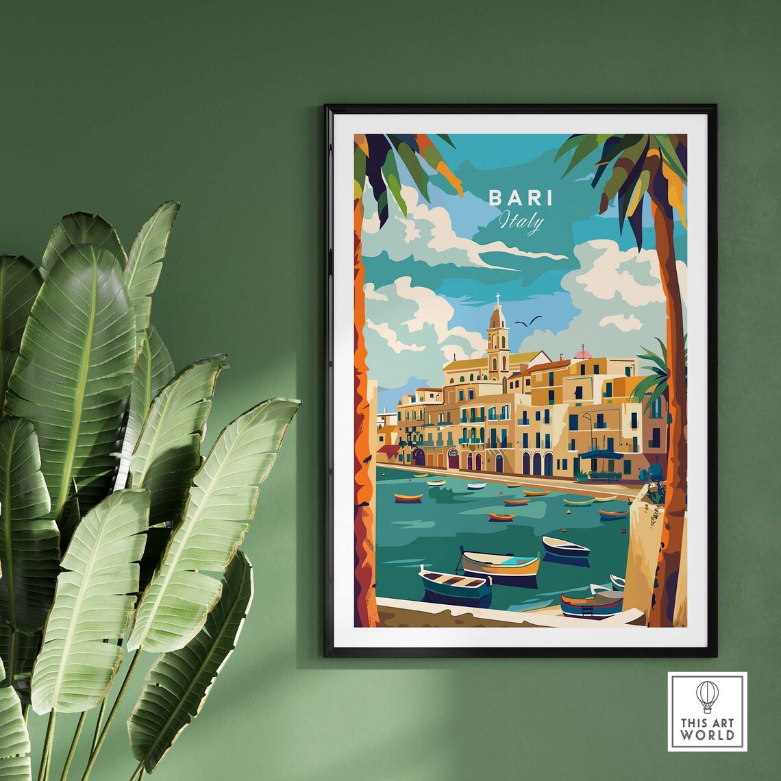 Bari Italy Old Harbor Colorful Fishing Boats Palm Fronds Travel Poster - Image 2