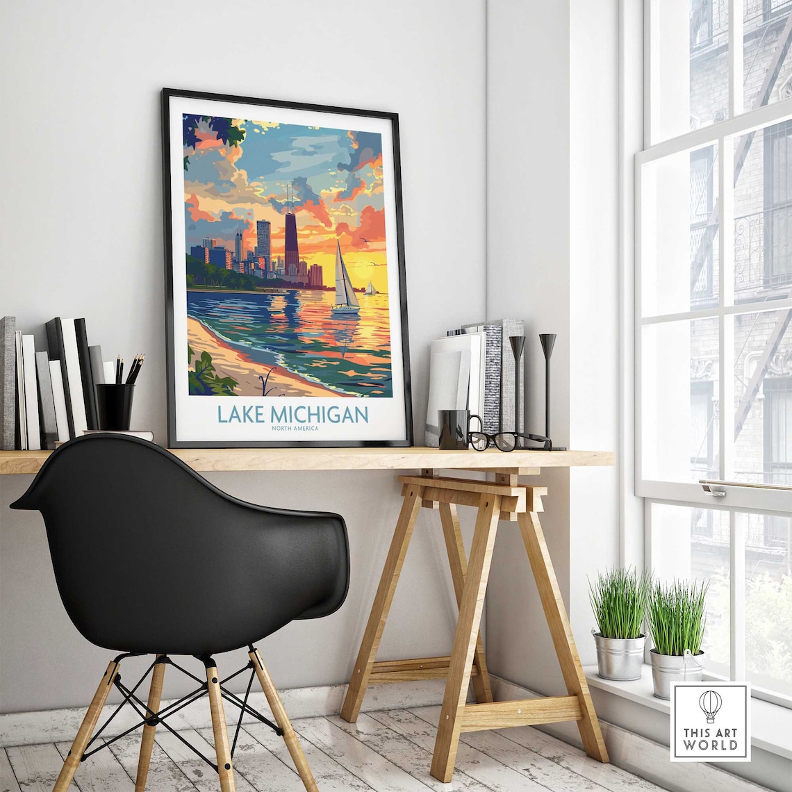 Lake Michigan North America City Skyline Sailboat Sunset Travel Poster - Image 4