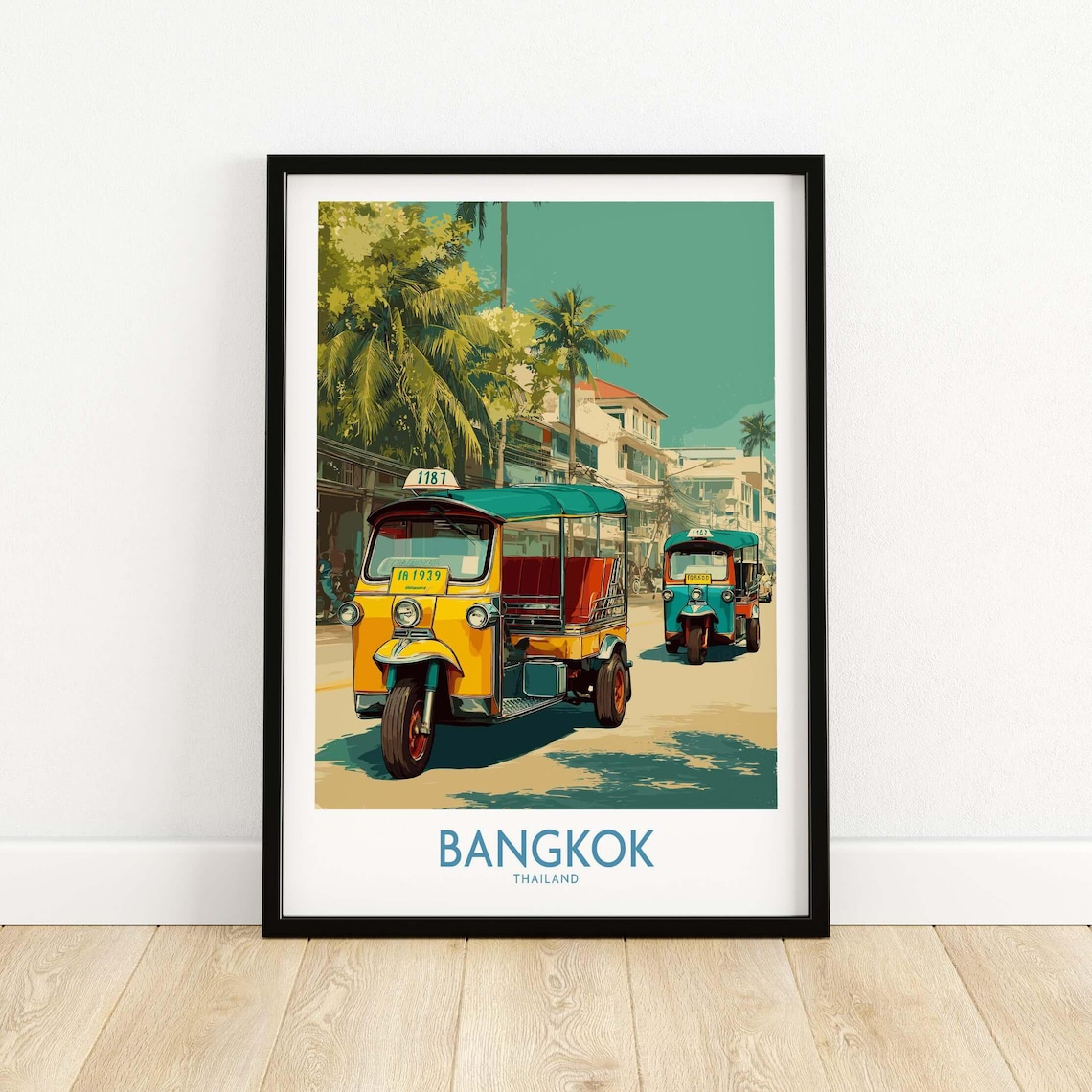Bangkok Thailand Vintage Tuk Tuk Street Scene Retro Travel Poster