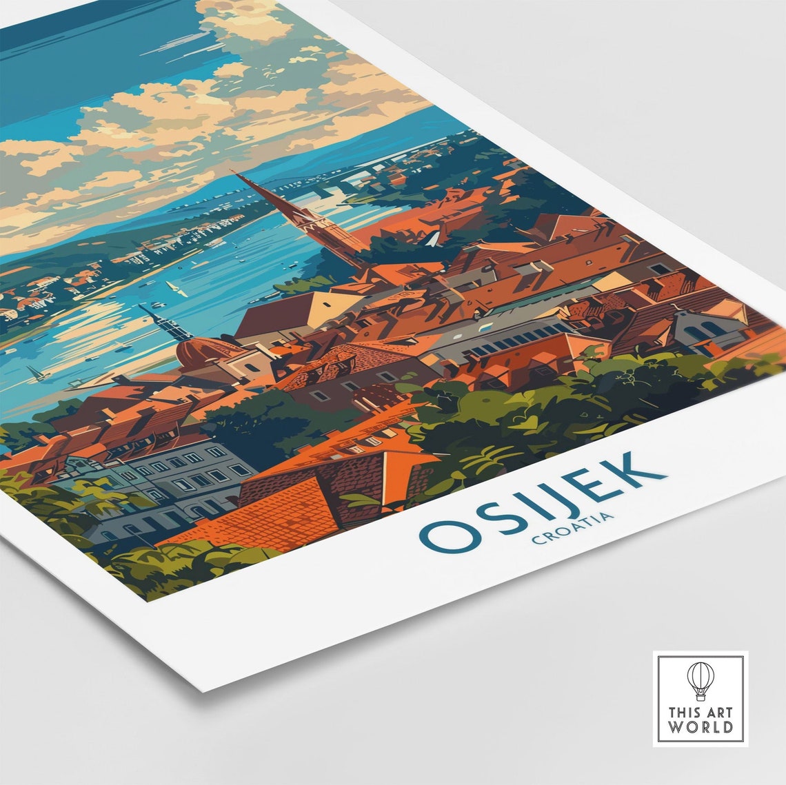 Osijek Croatia Riverfront Church Spire Rooftops Skyline Travel Poster - Image 4